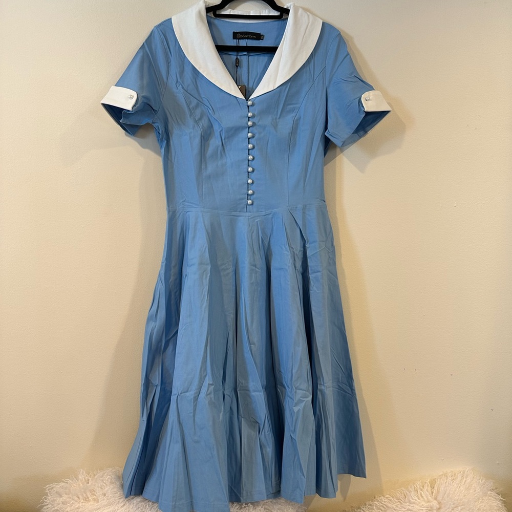 Elegant Blue Midi Dress with White Accents